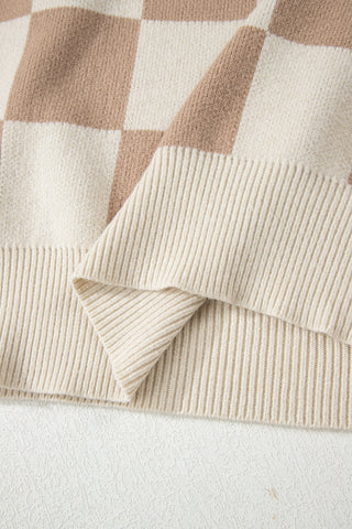 Grapefruit Orange Checkered Pattern Ribbed Trim Knit Baggy Sweater