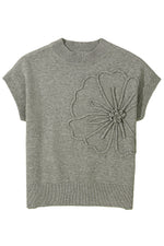 High Flower Pattern Ribbed Trim Short Sleeve Boxy Sweater
