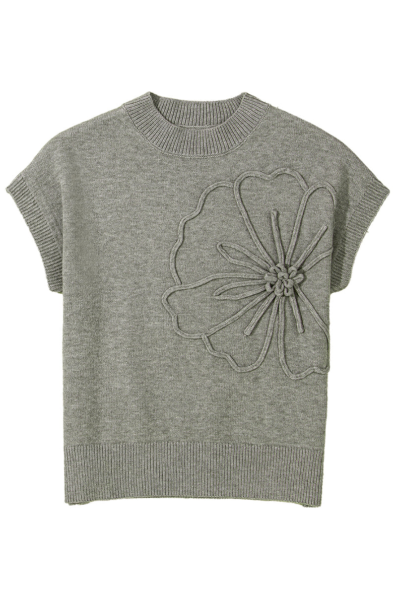 High Flower Pattern Ribbed Trim Short Sleeve Boxy Sweater