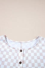 Apricot Checkered Print Buttoned Crew Neck Wide Leg Jumpsuit
