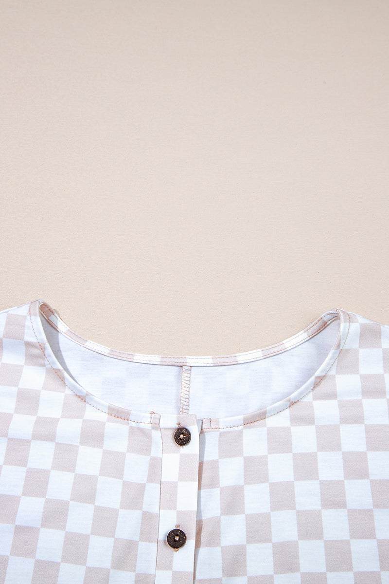 Apricot Checkered Print Buttoned Crew Neck Wide Leg Jumpsuit