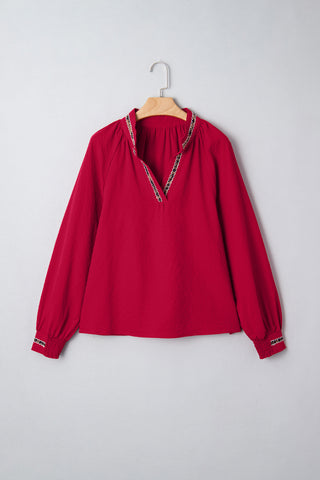Racing Red Leopard Jacquard Print V Neck Textured Blouse