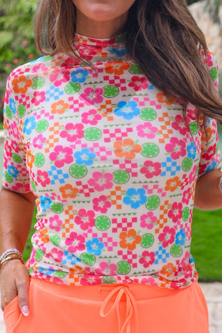 PREORDER- Kora Short Sleeve Mesh Top- Check the Tropics