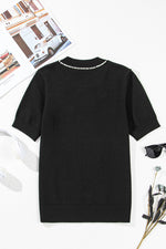 Black Pearl Bow Necklace Embellished Short Sleeve Knitted T Shirt