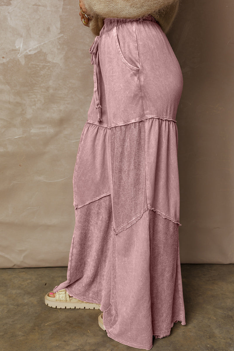 Vineyard Green Mineral Wash Tiered Wide Leg Patchwork Drawstring Pants