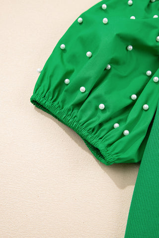 Bright Pink Ribbed Pearl Beaded Puff Sleeve Top