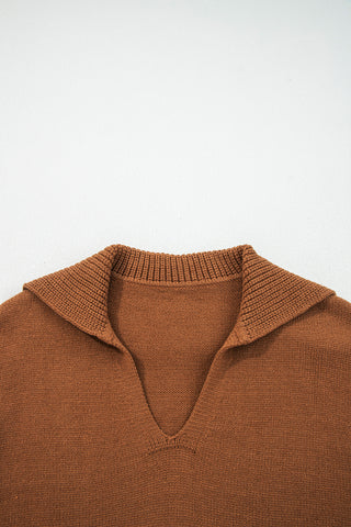 Racing Red Collared V Neck Ribbed Edge Sexy Elegant Sweater