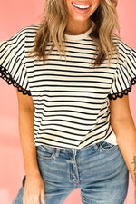 Black Stripe Scallop Lace Trim Ruffle Short Sleeves Crewneck Top