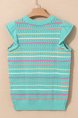 Green Colorful Striped Eyelet Knit Ruffled Sleeve Sweater T Shirt