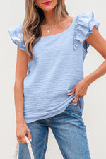 Beau Blue Textured Bow Knot Frilled Butterfly Sleeve Blouse
