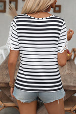 Black Stripe Cross Straps Hollowed Neck Lace Splicing Short Sleeve Blouse