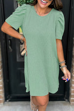 Bright Pink Corded Knit Crew Neck Puff Sleeve Shift Mini Dress