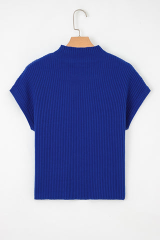 Dark Blue Patch Pocket Ribbed Knit Short Sleeve Sweater