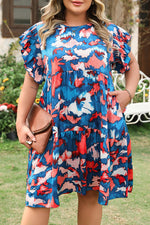 Blue Abstract Print Shirred Ruffled Short Sleeve Tiered Plus Size Mini Dress