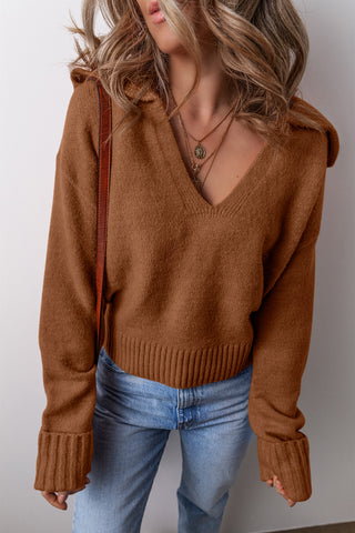 Racing Red Collared V Neck Ribbed Edge Sexy Elegant Sweater