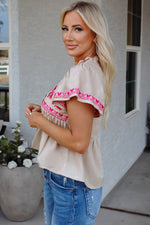 Beige Floral Embroidered Short Sleeve Notched V Neck Blouse
