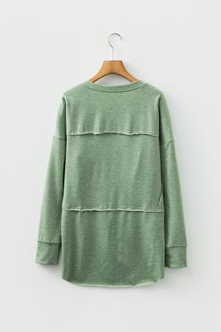 Myosotis Notched Neck Terry Raw Hem Long Sleeve Top