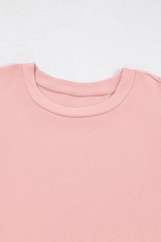 Bright Pink Ribbed Pearl Beaded Puff Sleeve Top
