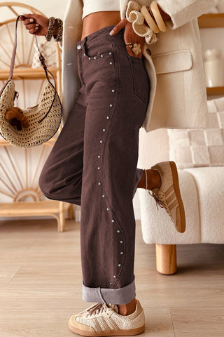 Coffee Side Seam Rivet Detail Jeans