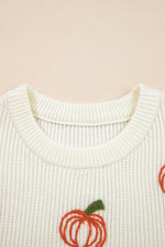 Beige Pumpkin Embroidered Ribbed Thanksgiving Halloween Holiday Sweater