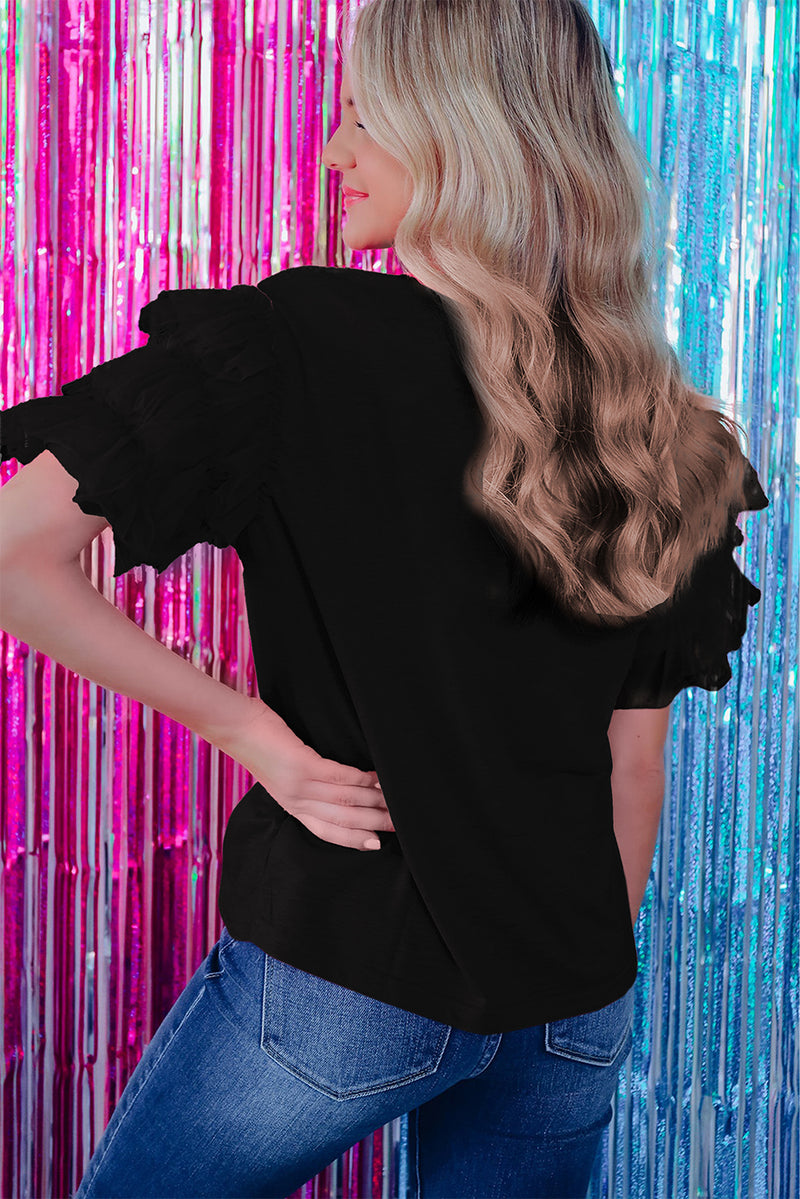 Dark Green Tulle Ruffle Sleeve Blouse