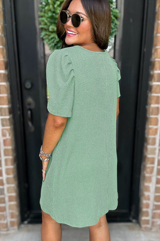 Bright Pink Corded Knit Crew Neck Puff Sleeve Shift Mini Dress