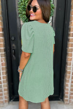 Bright Pink Corded Knit Crew Neck Puff Sleeve Shift Mini Dress