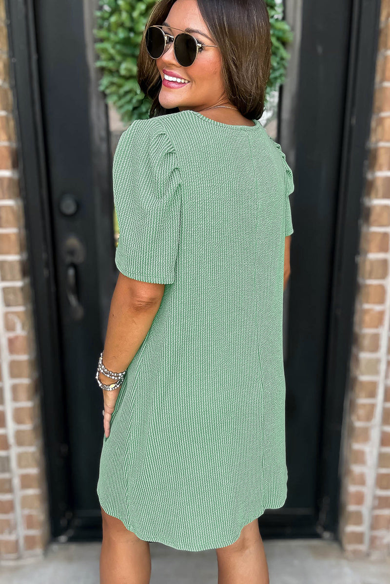 Bright Pink Corded Knit Crew Neck Puff Sleeve Shift Mini Dress