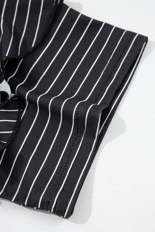 Black Stripe Ruffled Short Sleeve Crew Neck T Shirt Shift Mini Dress