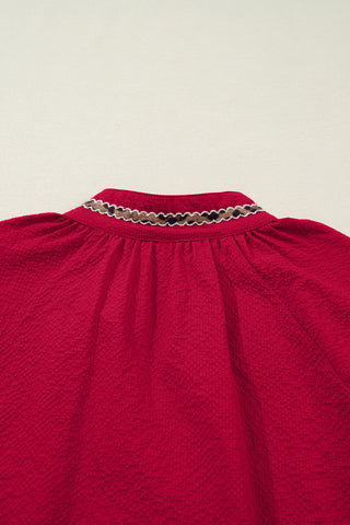 Racing Red Leopard Jacquard Print V Neck Textured Blouse