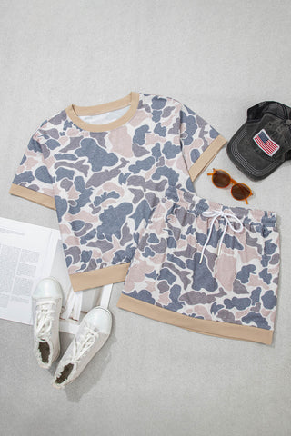 Multicolour Retro Camouflage Color Block Trim Skort 2pcs Outfit