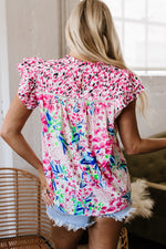 Red Floral Mixed Print Ruffle Cap Sleeve Blouse