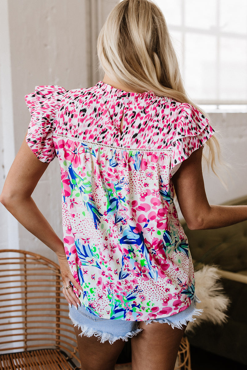 Red Floral Mixed Print Ruffle Cap Sleeve Blouse