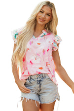 Multicolour Contrast Floral Patchwork Notched Neck Flutter Sleeve Blouse