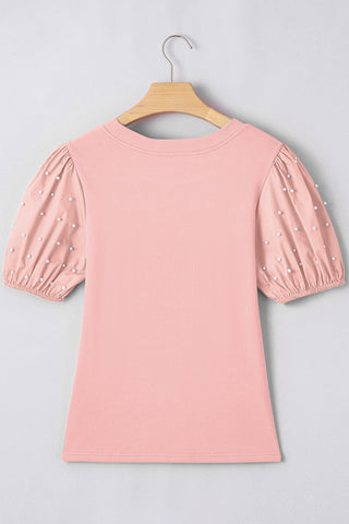 Bright Pink Ribbed Pearl Beaded Puff Sleeve Top