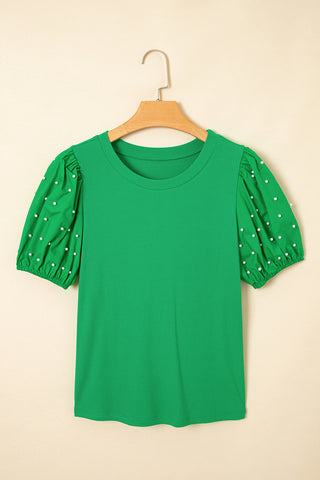 Bright Pink Ribbed Pearl Beaded Puff Sleeve Top
