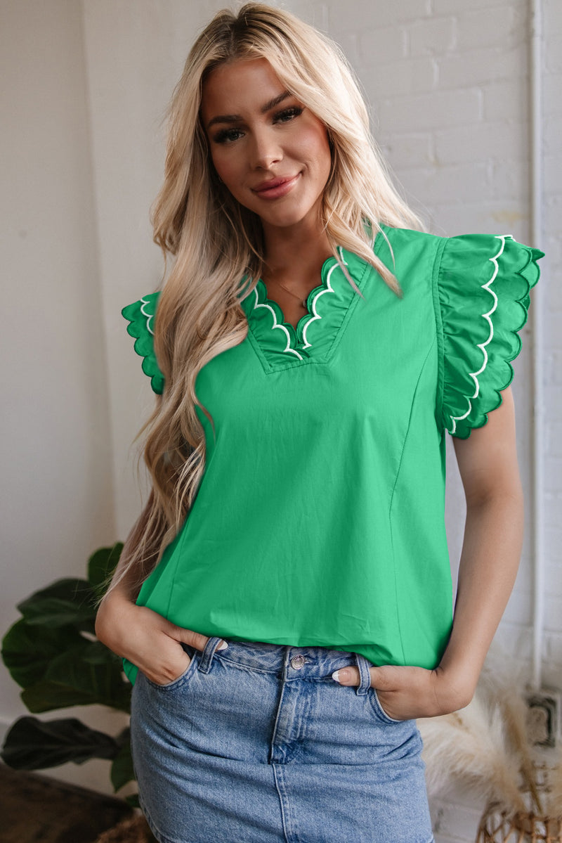 Scallop Trim Layered Short Sleeve V Neck Blouse