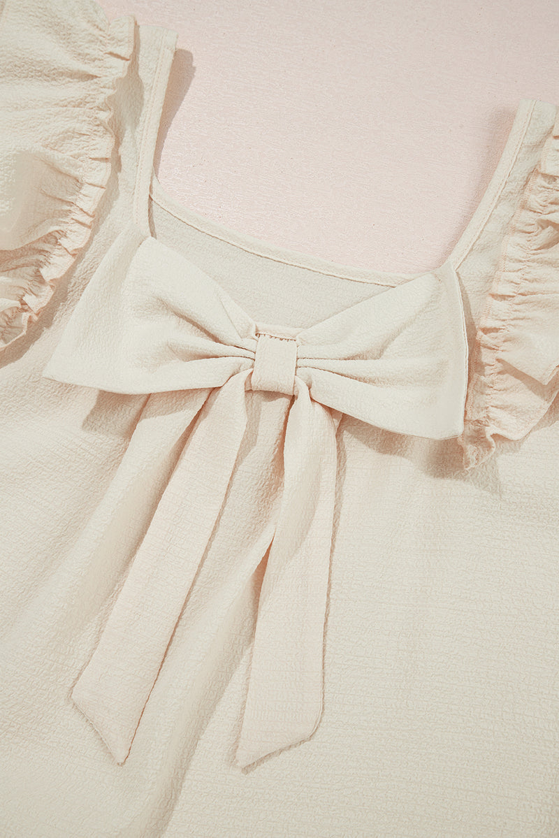Beau Blue Textured Bow Knot Frilled Butterfly Sleeve Blouse