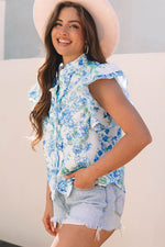 Green Floral Print Ruffle Sleeve Frilly Button Up Shirt