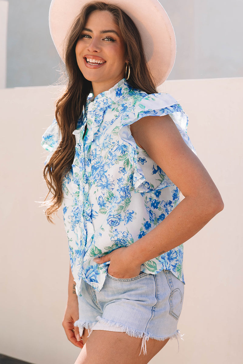 Green Floral Print Ruffle Sleeve Frilly Button Up Shirt