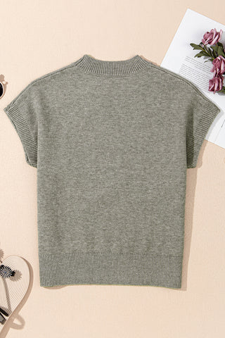 High Flower Pattern Ribbed Trim Short Sleeve Boxy Sweater