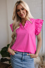 Scallop Trim Layered Short Sleeve V Neck Blouse