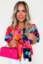 Red Abstract Floral Print Front Tied Puff Sleeve Babydoll Blouse
