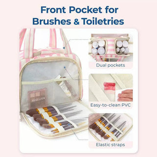 Striped toiletry bag front pocket with brush holders, elastic straps and a wipe-clean panel