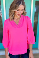 Sky Blue Frilled V Neckline Bracelet Sleeve Crinkled Blouse