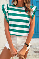 Black Stripe Flutter Sleeve Round Neck T Shirt