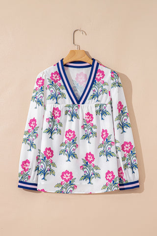 White Floral Print Striped V Neck Blouse