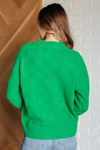 Green Jodifl A Song to Sing checkered-knit pullover, back view showing tonal checks.