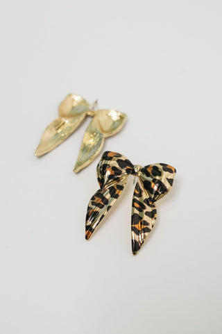 Bow'd & Bold leopard-print bow earrings, front and back details with post closures.