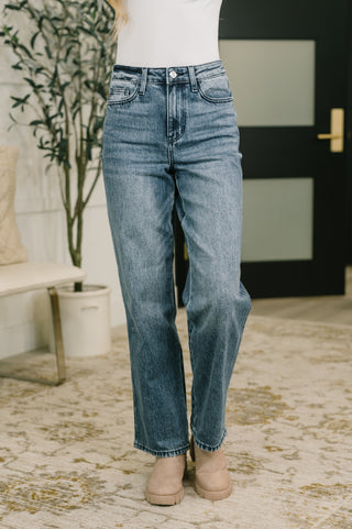 Judy Blue Carlie straight jeans in Everyday Indigo, front view showing the high waist and straight legs.